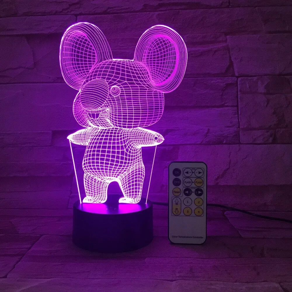 Koala-themed LED night light with touch or remote control, showing seven colour options on a compact base