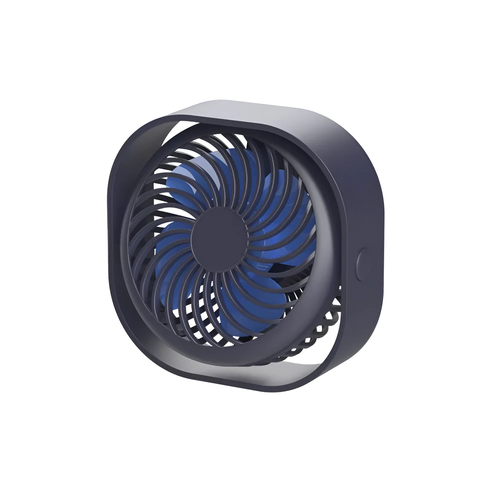 USB desk fan alarm clock with 360-degree rotation in deep blue colour