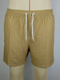 Navy blue striped beach shorts with straight legs on a mannequin.