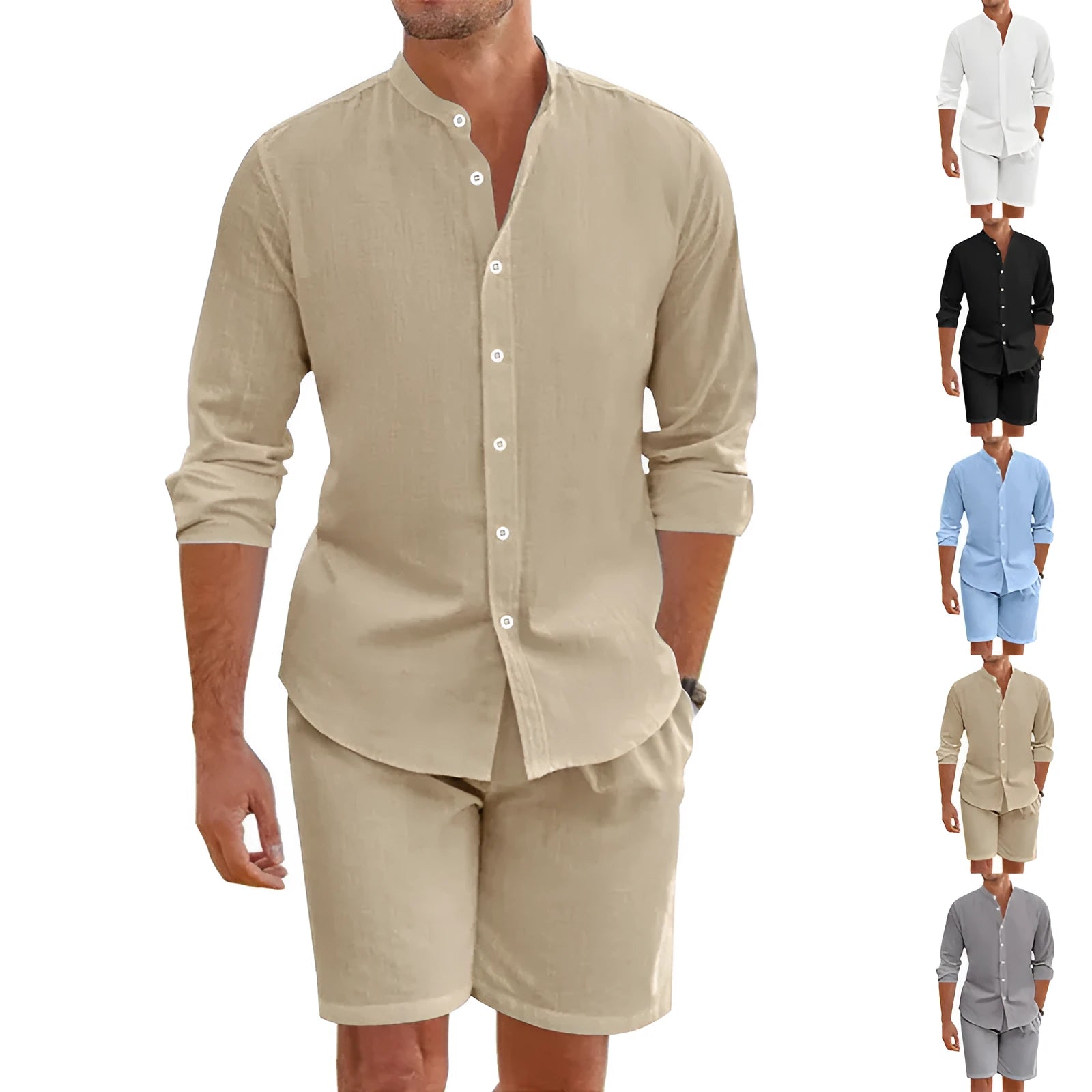Men's dark grey hemp linen blend summer short suit with lapel shirt and drawstring shorts on a hanger.