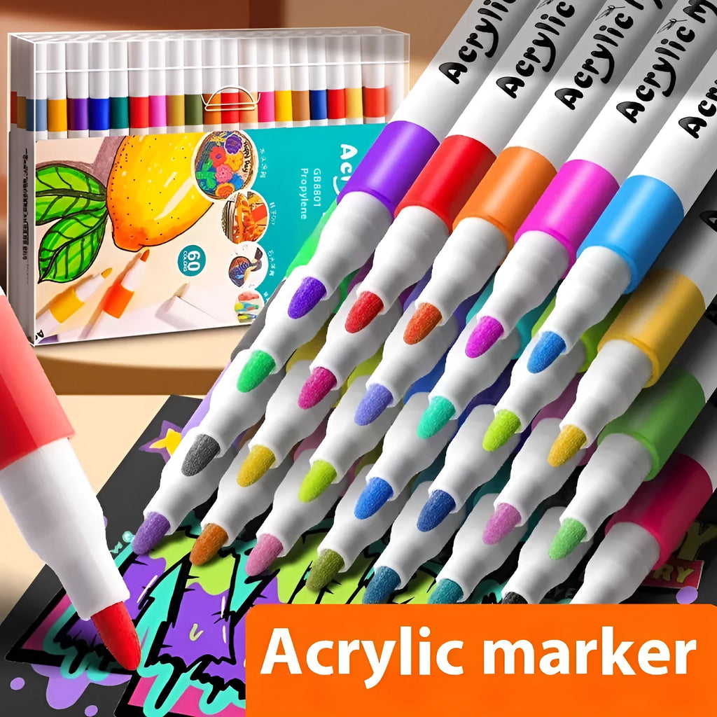 Box of acrylic marker pens for student painting with true colour ink in multicolour plastic barrels