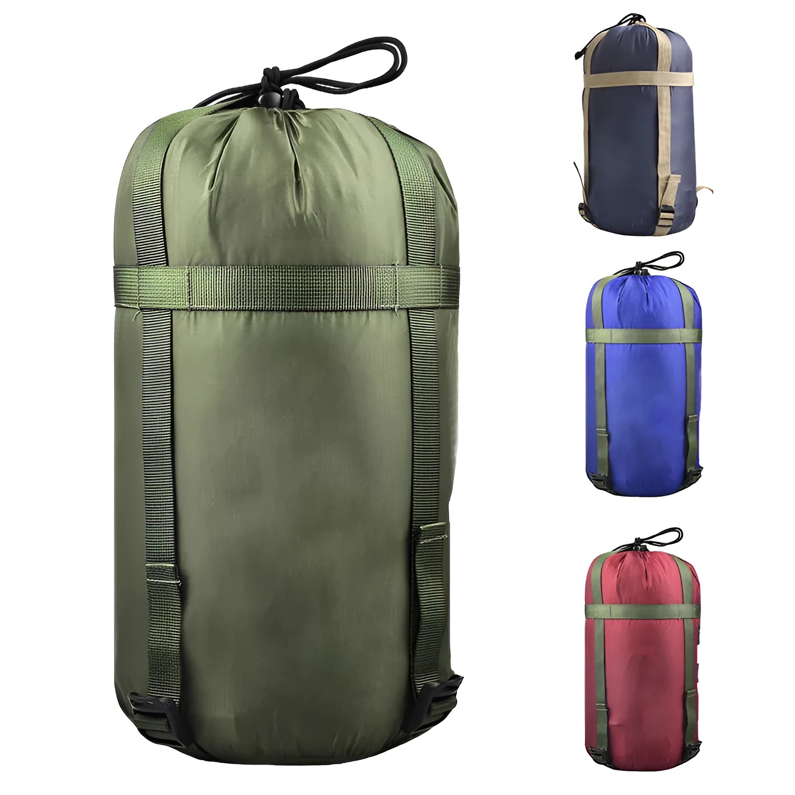 Outdoor camping sleeping bag compression bag in nylon silicon-coated fabric with drawstring, available in multiple colours, 18cm diameter