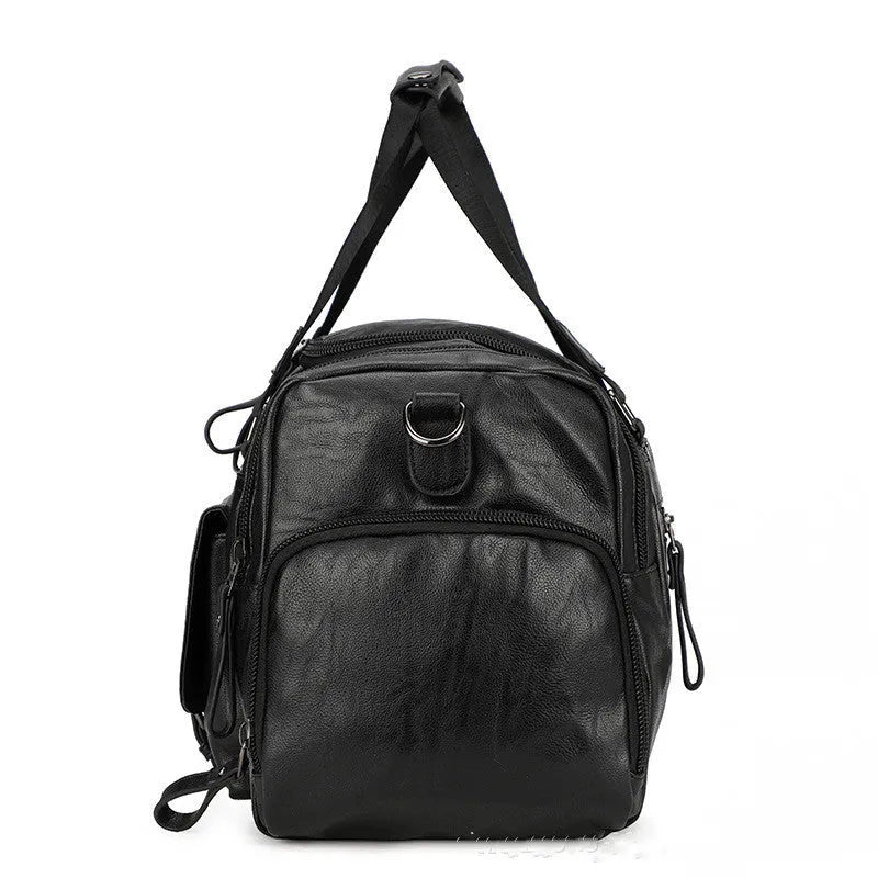 Black PU travel bag for shoes with zippered compartment showing dimensions 52cm long by 19cm wide