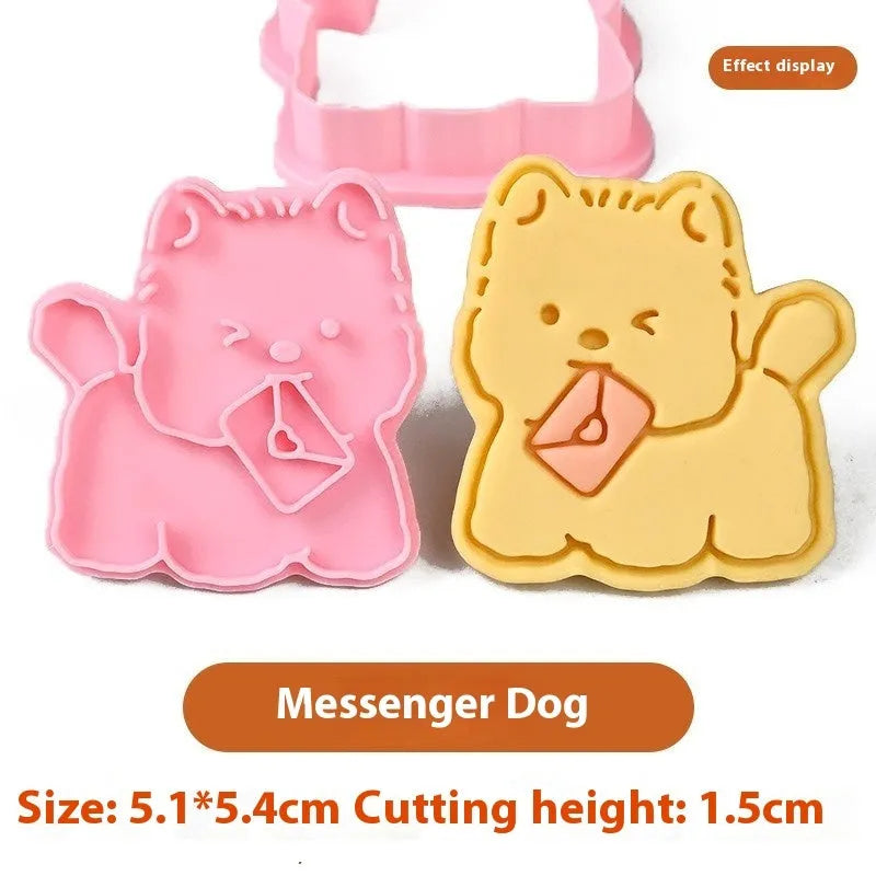 Plastic 3D cartoon puppy biscuit mould showing seven style variations including birthday hat and swimming ring designs