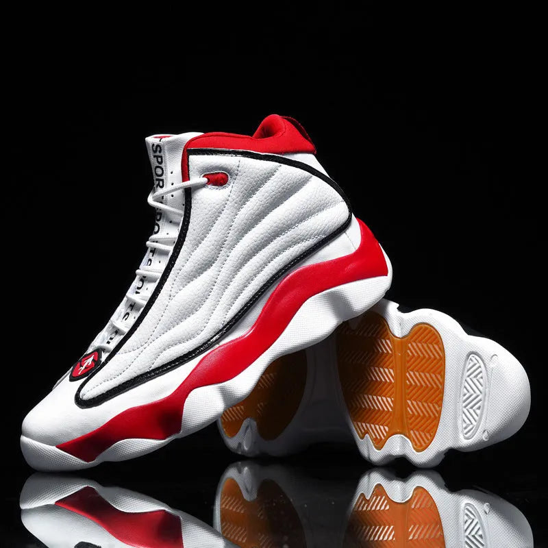 High-top basketball shoes with thick rubber sole and mesh upper in white red colourway