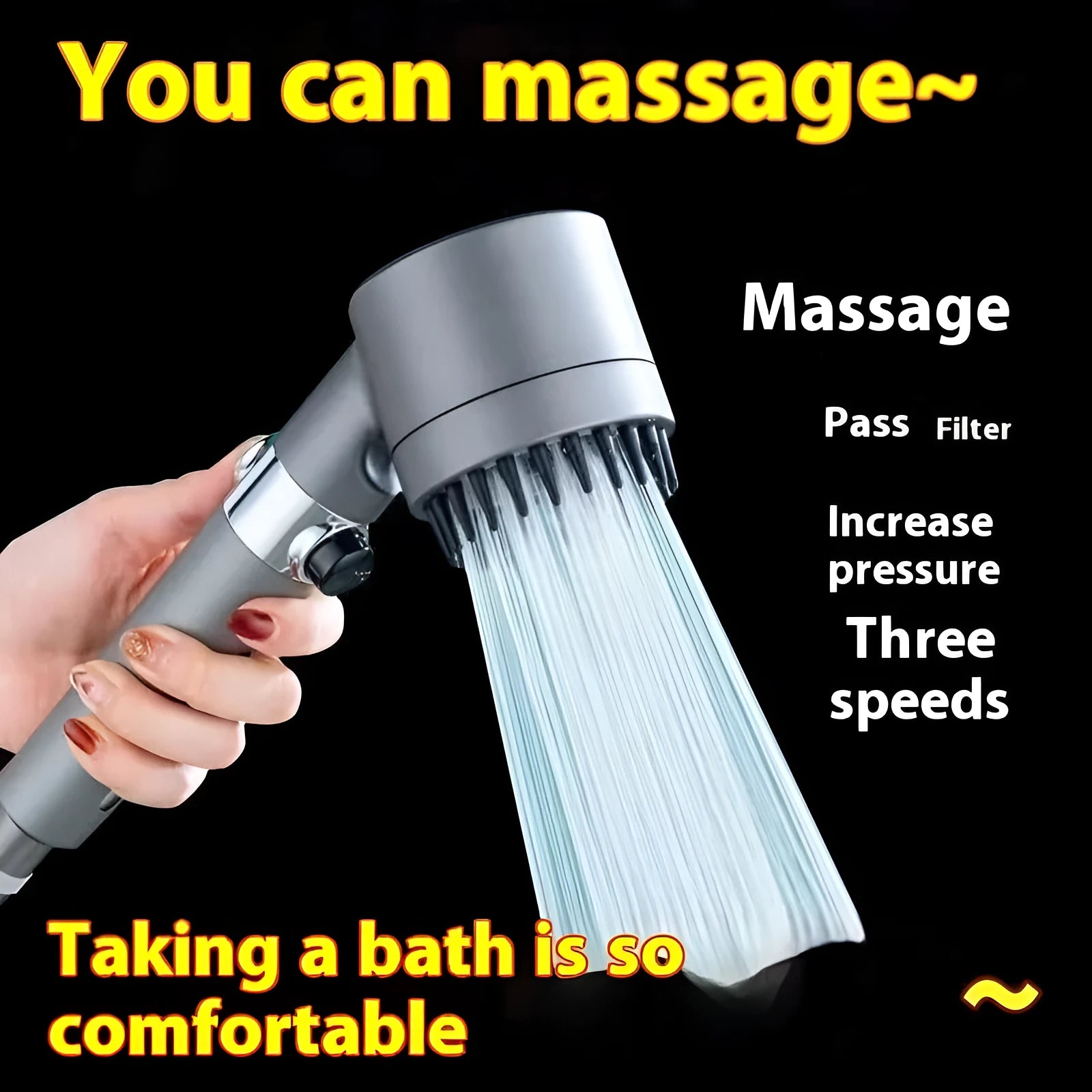 Portable ABS plastic shower head with three-gear adjustment for spray, massage and rain settings