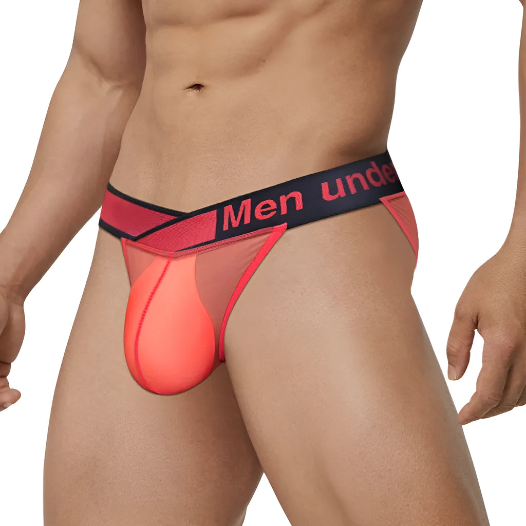 Men's transparent ice silk briefs in black colour showing large V gradient and high fork design