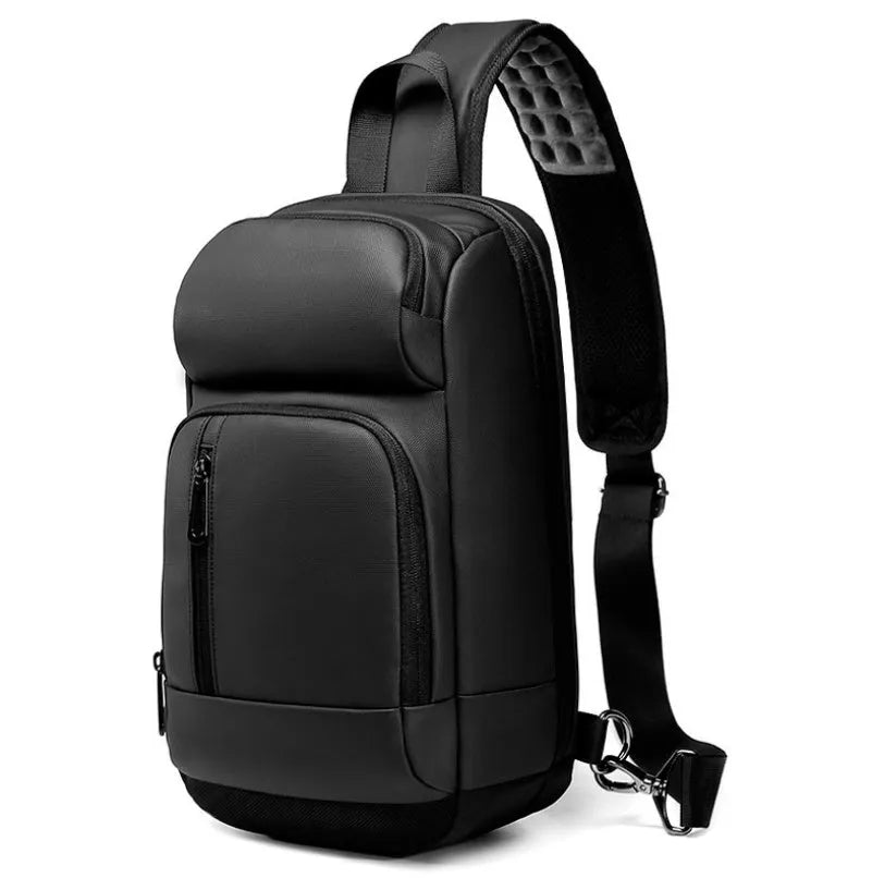 Black PVC outdoor shoulder bag with air cushion strap, soft handle, and laptop compartment