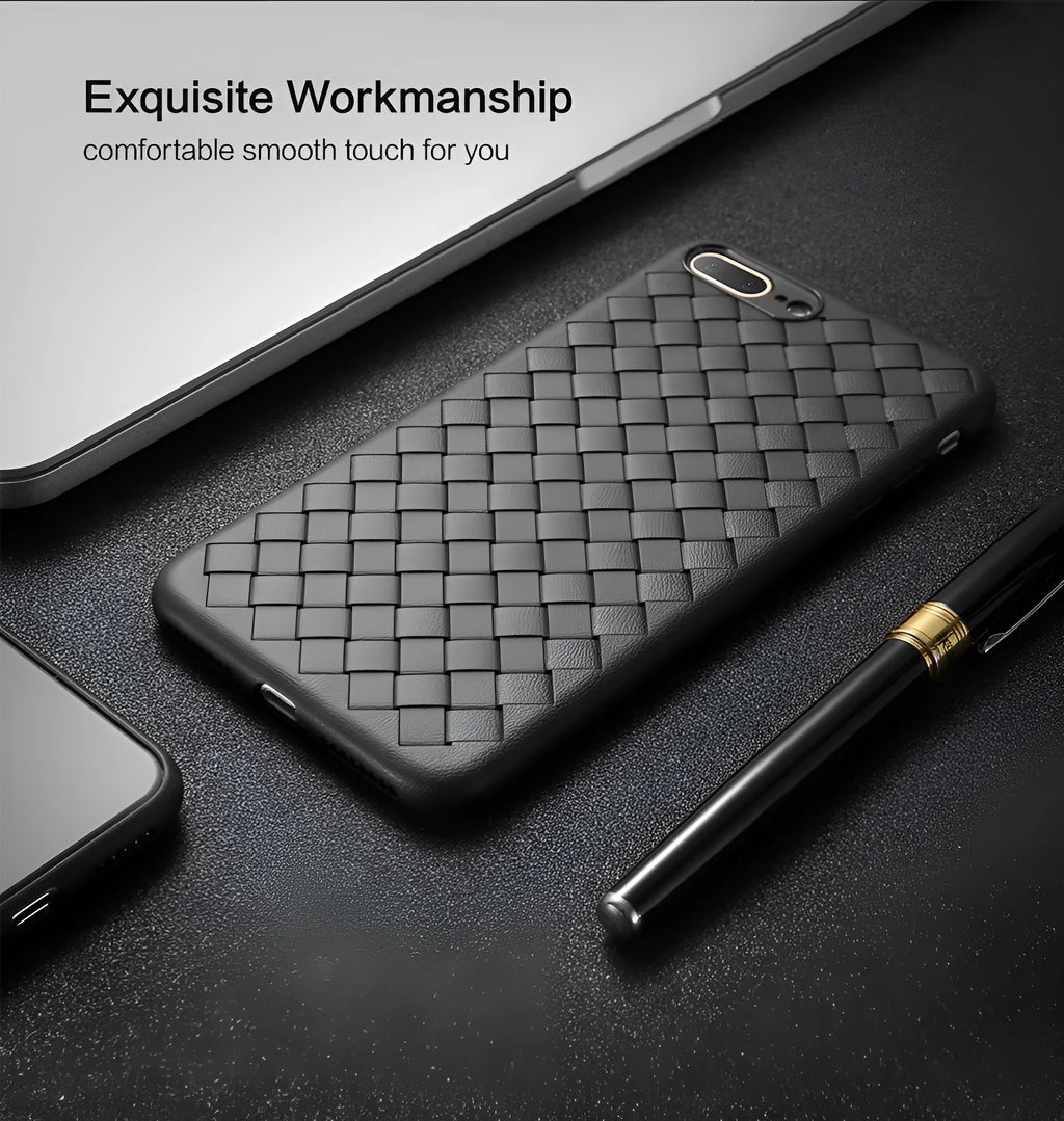 Luxury grid weaving pattern iPhone case in eco-friendly TPU material showing raised screen edges.