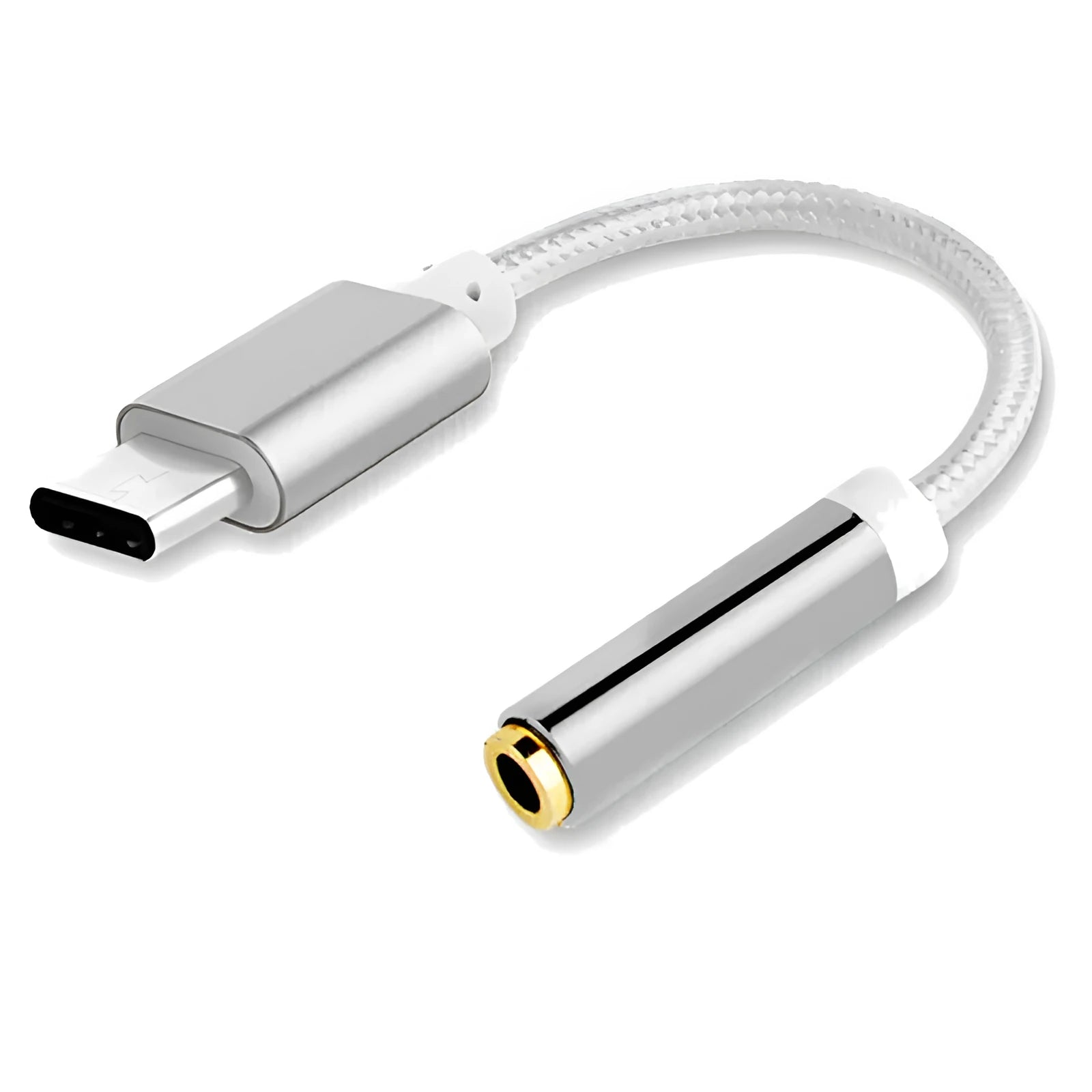 Type-C to 3.5mm audio adapter cable with nylon braiding in black, silver, gold and rose gold colours