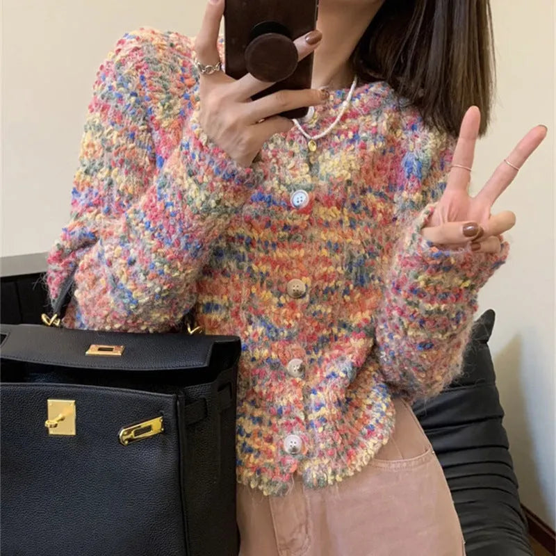Pink and green rainbow pattern women's cardigan sweater with toothbrush hair fabric texture