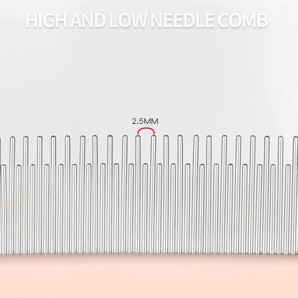 Blue pet grooming comb with three interchangeable heads: dense needle, high-low needle, and sparse needle configurations