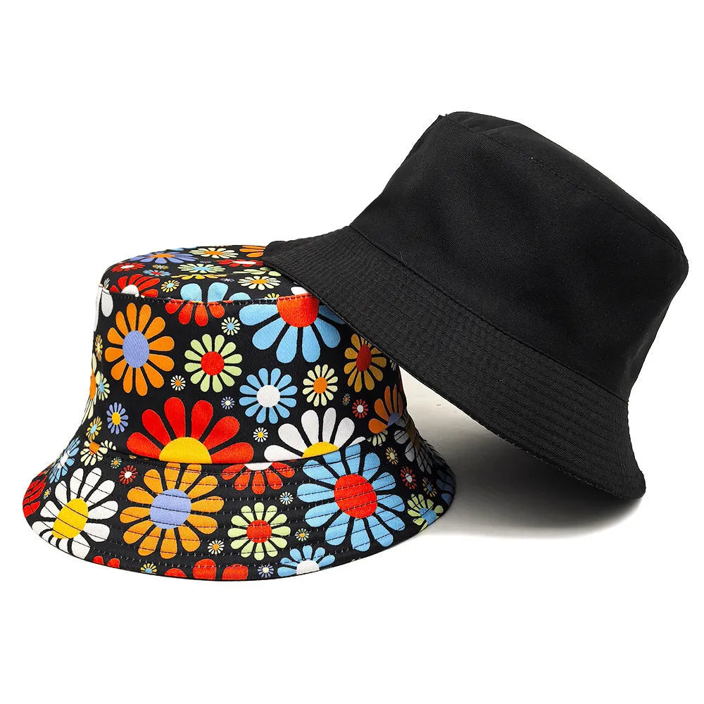 Colourful flower print polyester bucket hat with dome crown design for sun protection