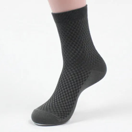 Men's bamboo fibre business socks showing small square pattern design in neutral colour options
