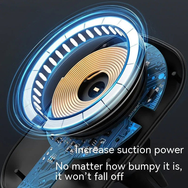 CH-707 black magnetic car wireless charger with air vent mount and centre console base.