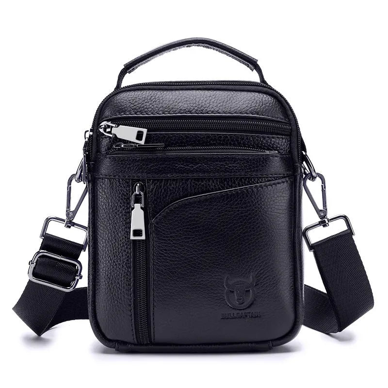 Men's black genuine leather shoulder messenger bag in a retro style.