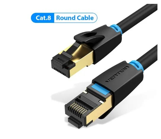 Cat8 10G Ethernet cable showing flat and round styles with RJ45 connectors in various lengths