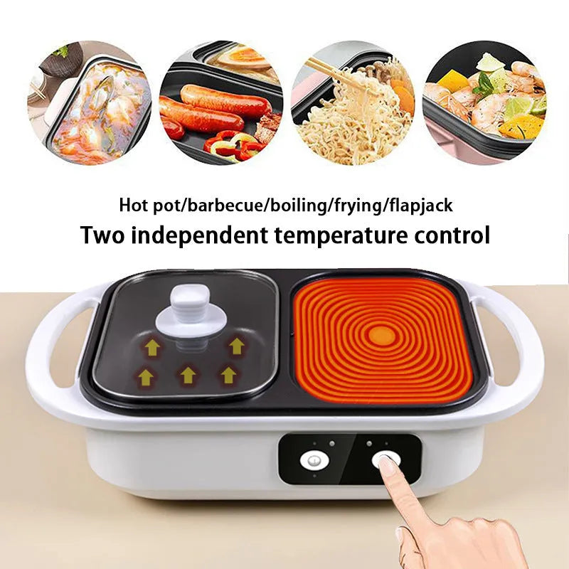 White and green dual-function electric hot pot and frying oven appliance with mechanical controls