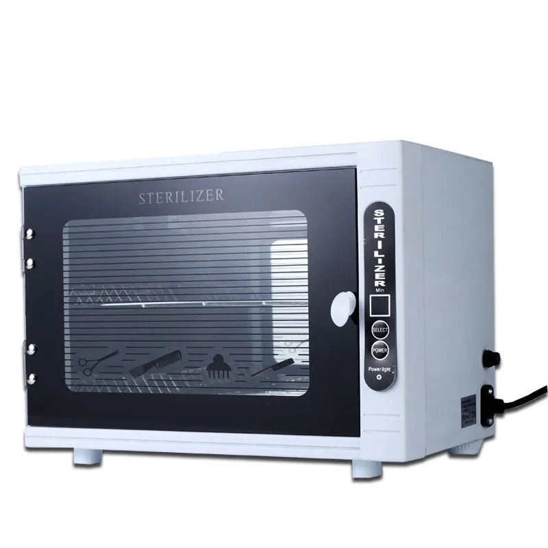 Small silver UV sterilizer with stainless steel chamber for salon tool sanitation