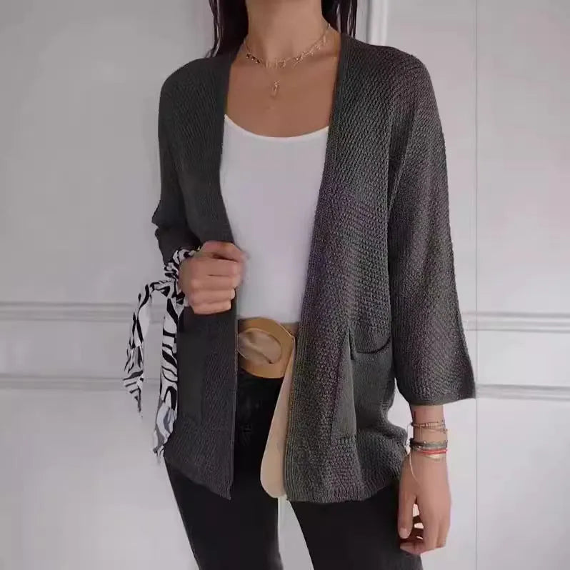 Women's thin waffle knit cardigan coat with nine-quarter sleeves and pockets in army green colour