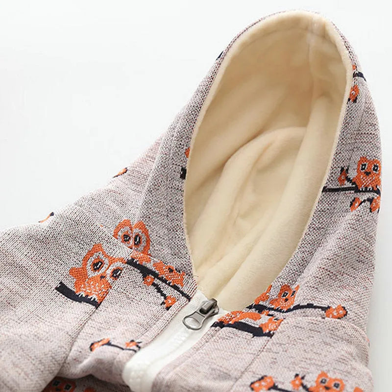 Blue cotton dog pattern sweater coat with front zipper closure on dog model