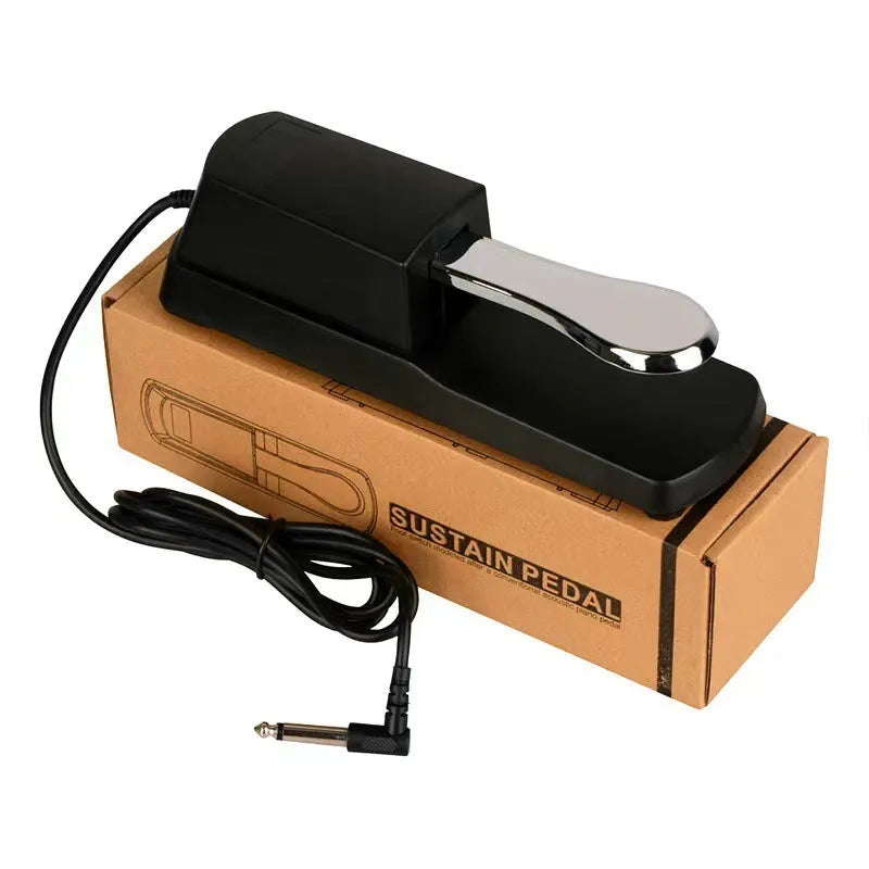 A single black ABS plastic sustain pedal for electronic keyboards on a white background.