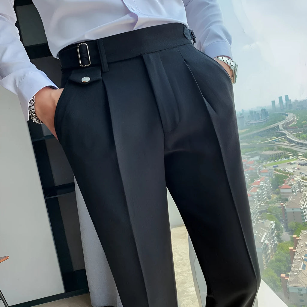 Straight leg casual trousers in solid colours with polyester fabric and waist sizes 29-36