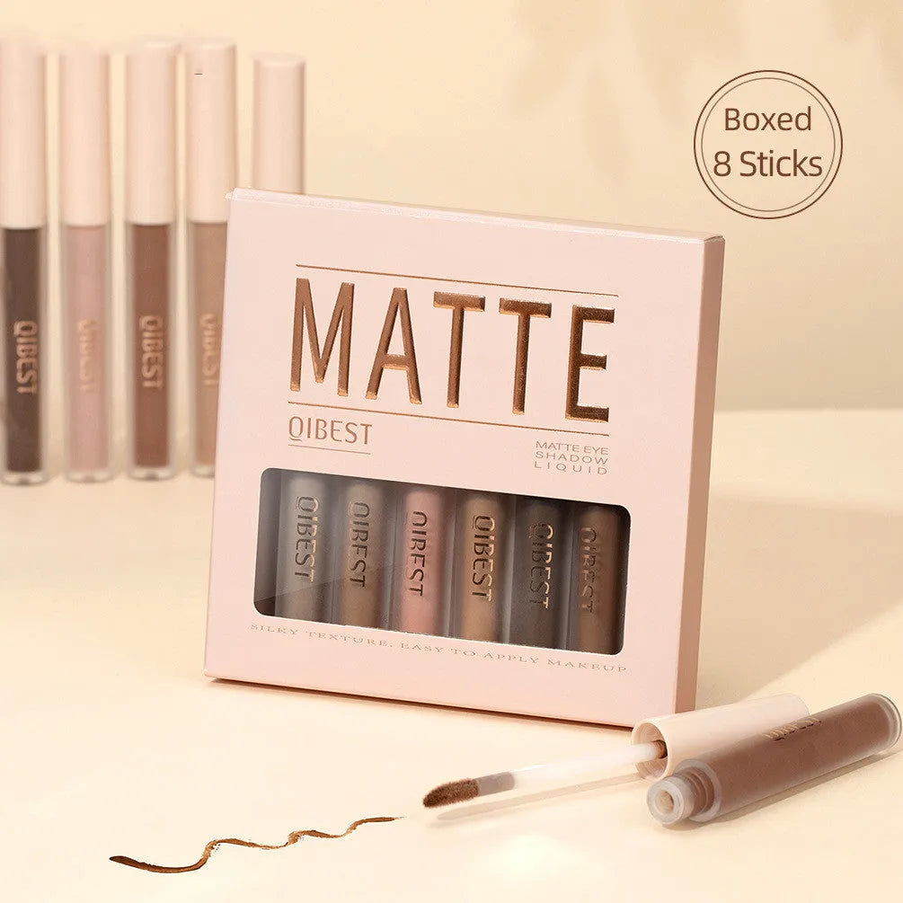 Matte liquid eyeshadow set of 8 khaki-toned pots in a box for contouring and face refinement