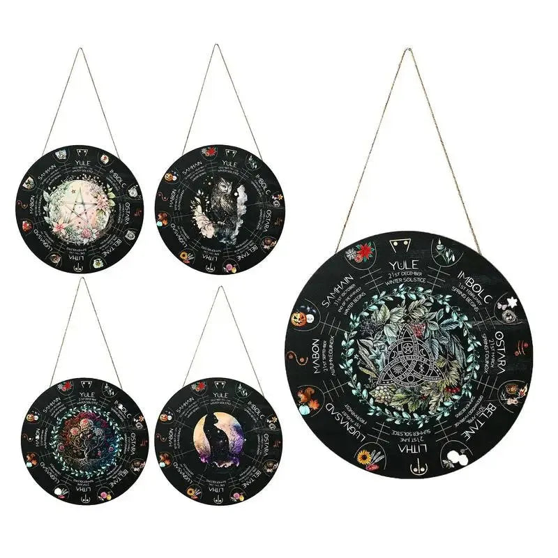 Boxwood wooden decorative pendant hanging, showing disc design options including owl and rose.