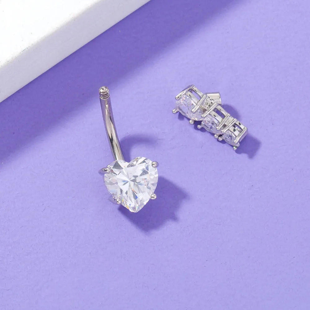 Stainless steel heart-to-heart navel pin with copper zircon and electroplated finish, 0.9cm by 2.3cm