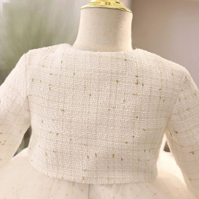 White long-sleeved princess style flower girl wedding dress with polyester lining for heights 80-160cm