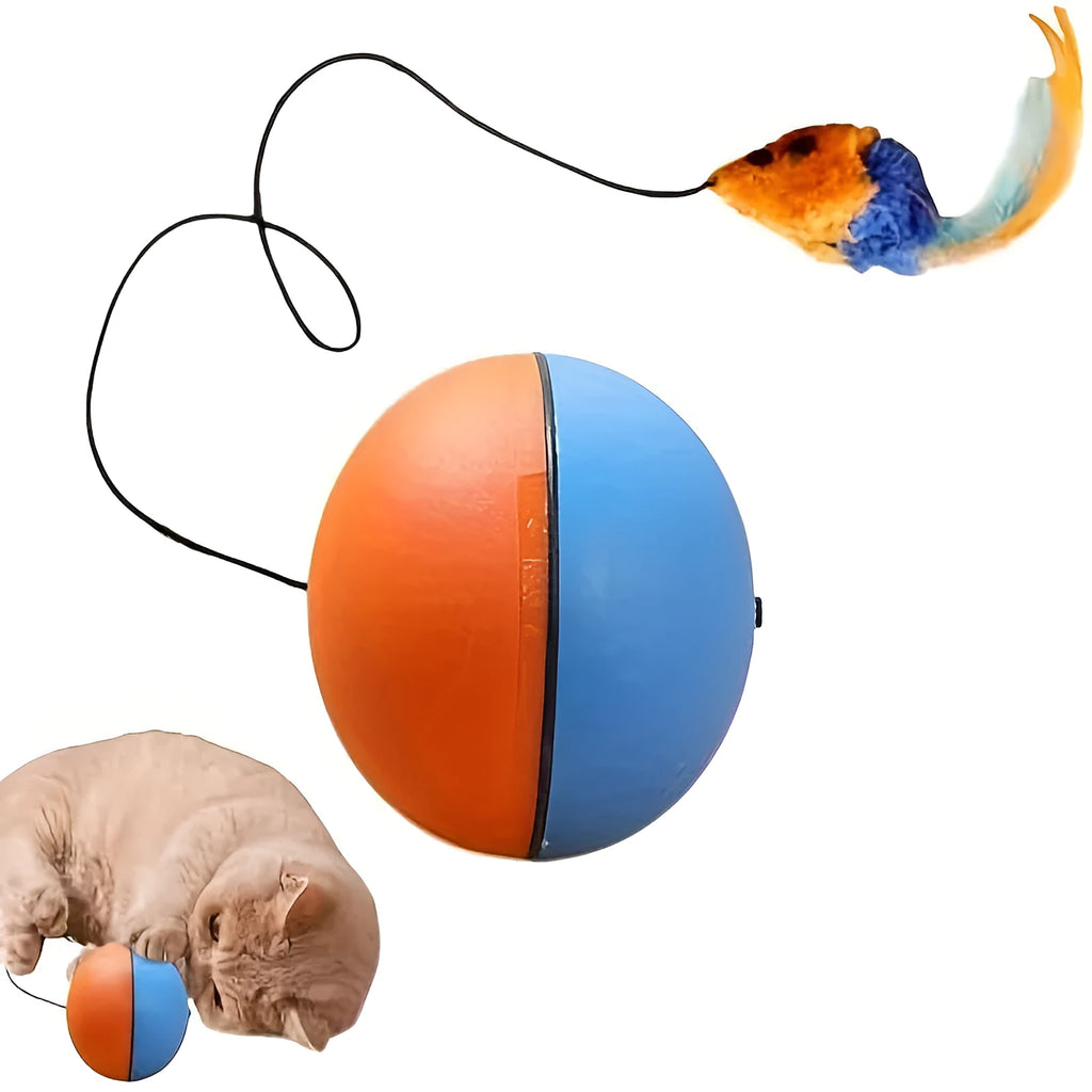 Interactive cat toy with blue and orange exercise ball and attached plush mouse