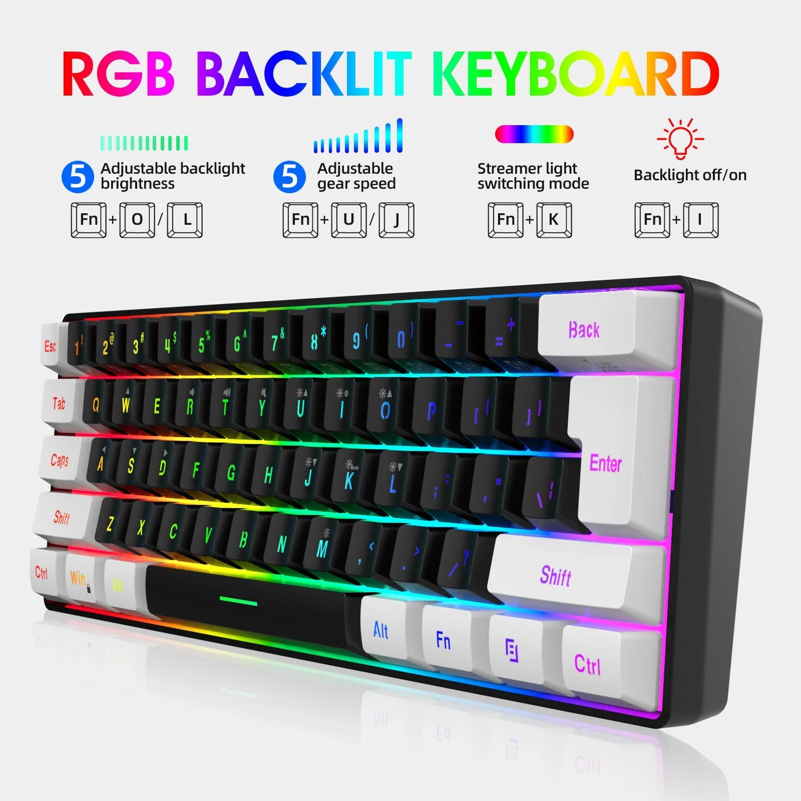Wireless black and white keyboard and mouse suit with backlight illumination on desk