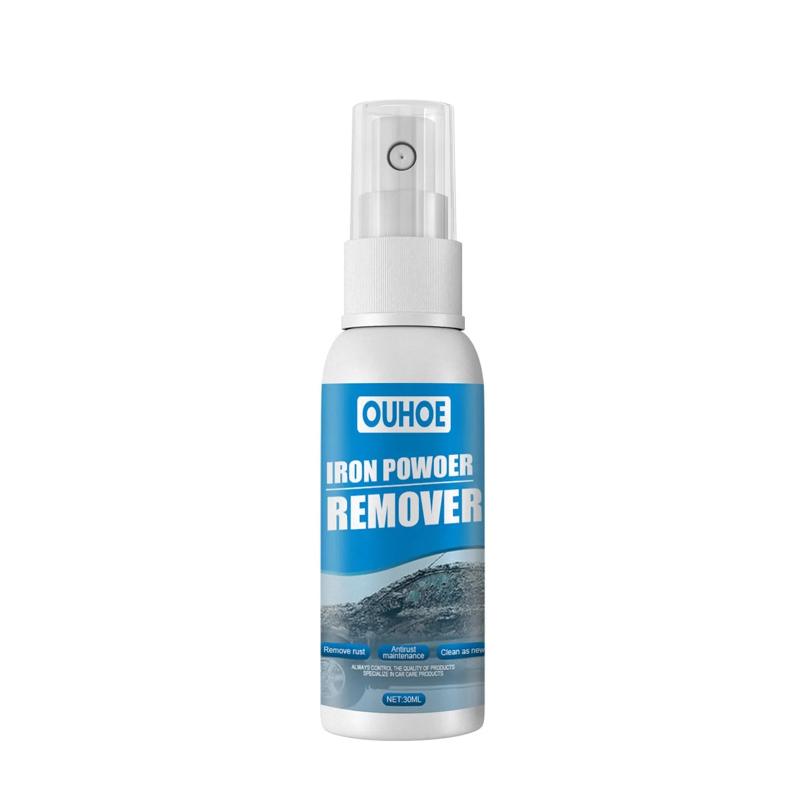 Blue car rust remover spray bottle with a choice of sponge or towel applicator.