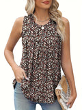Plus size women's floral printed sleeveless vest in black colour showing loose fit design