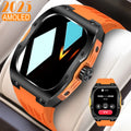 Men's smart watch with Bluetooth calling on wrist showing AMOLED screen displaying fitness metrics
