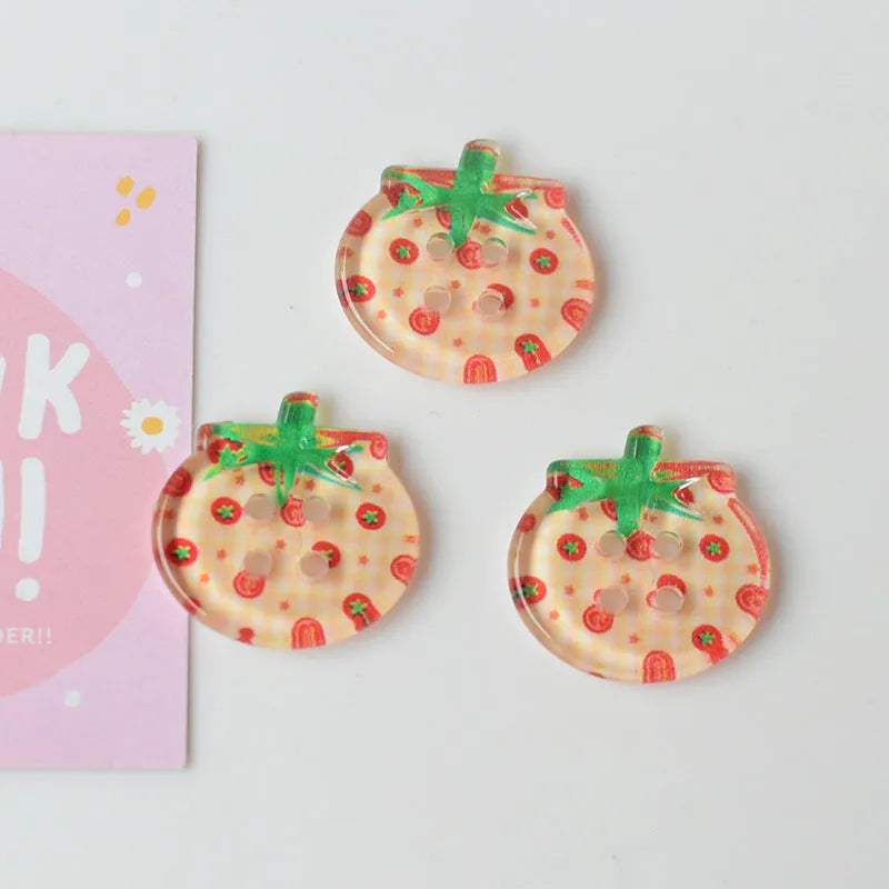 Set of medium-sized plastic or resin round tomato buttons with printed patterns in mixed or solid colours