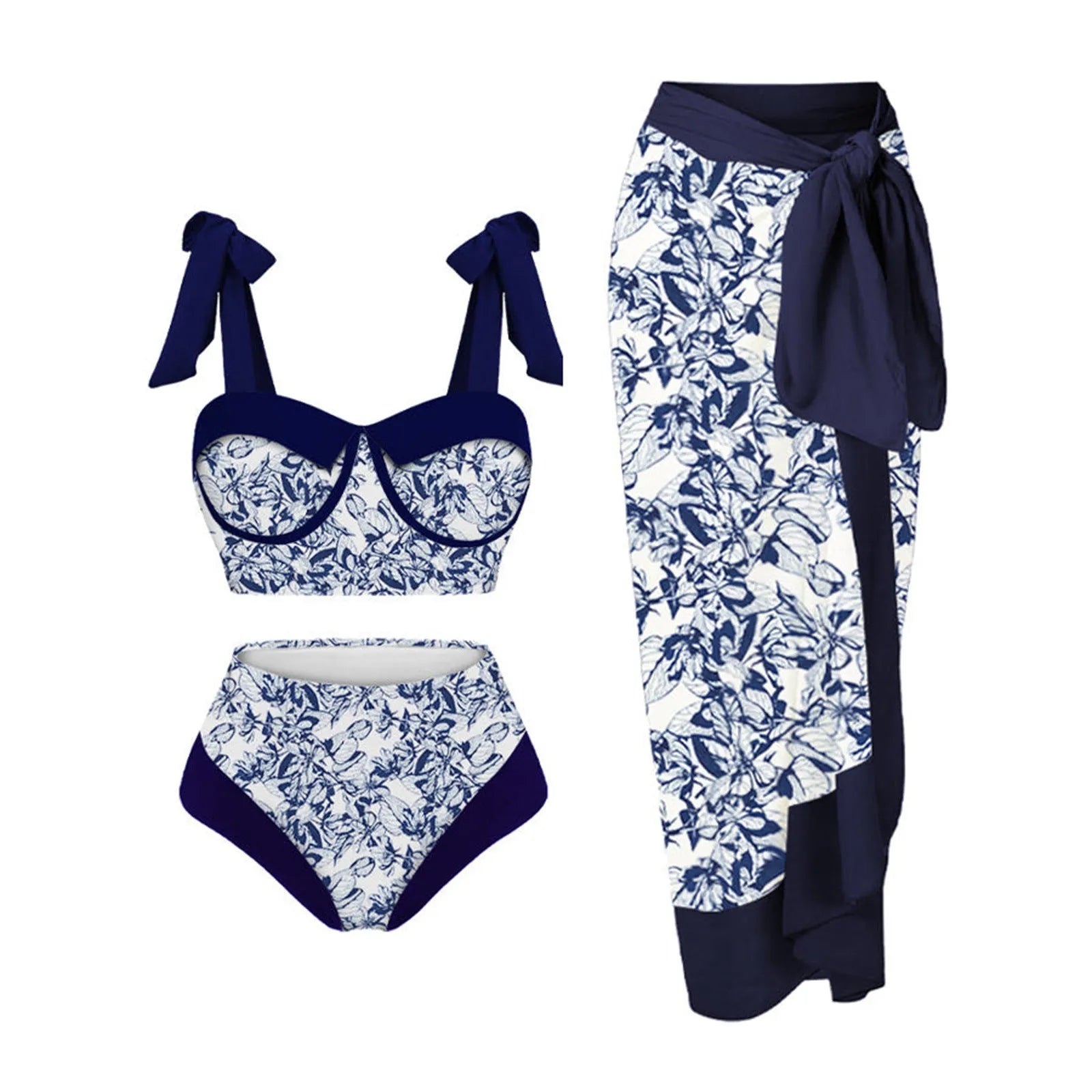Women's pink printing split swimsuit three-piece set with separate skirt, bra and panties on mannequin