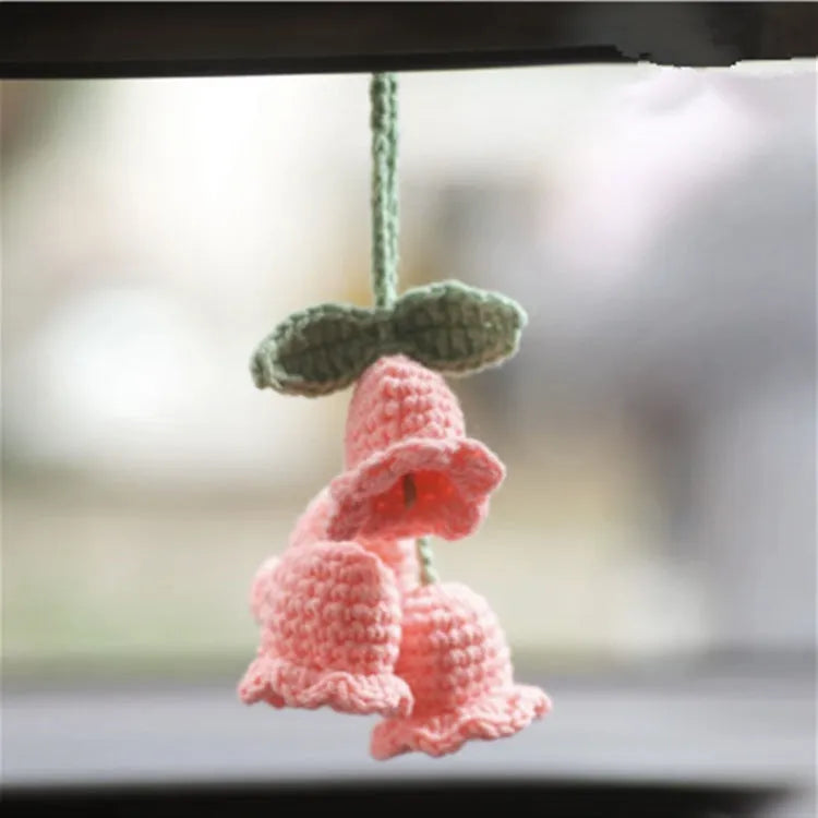 Green and white knitted wool succulent car ornament with 8cm base and hanging cord