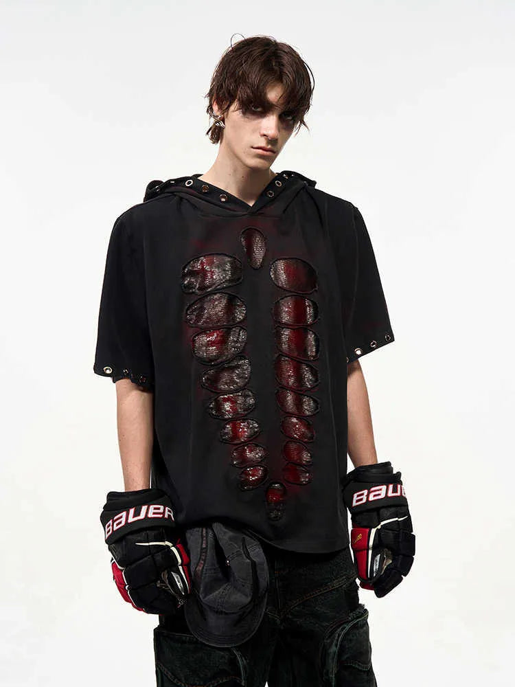 Men's black hooded short-sleeve t-shirt with sequin detailing, loose fit casual wear