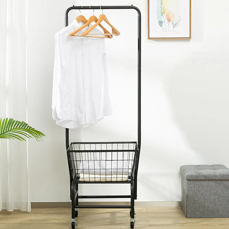 White iron frame pulley storage car with an adjustable hanging rod for trousers and ties.