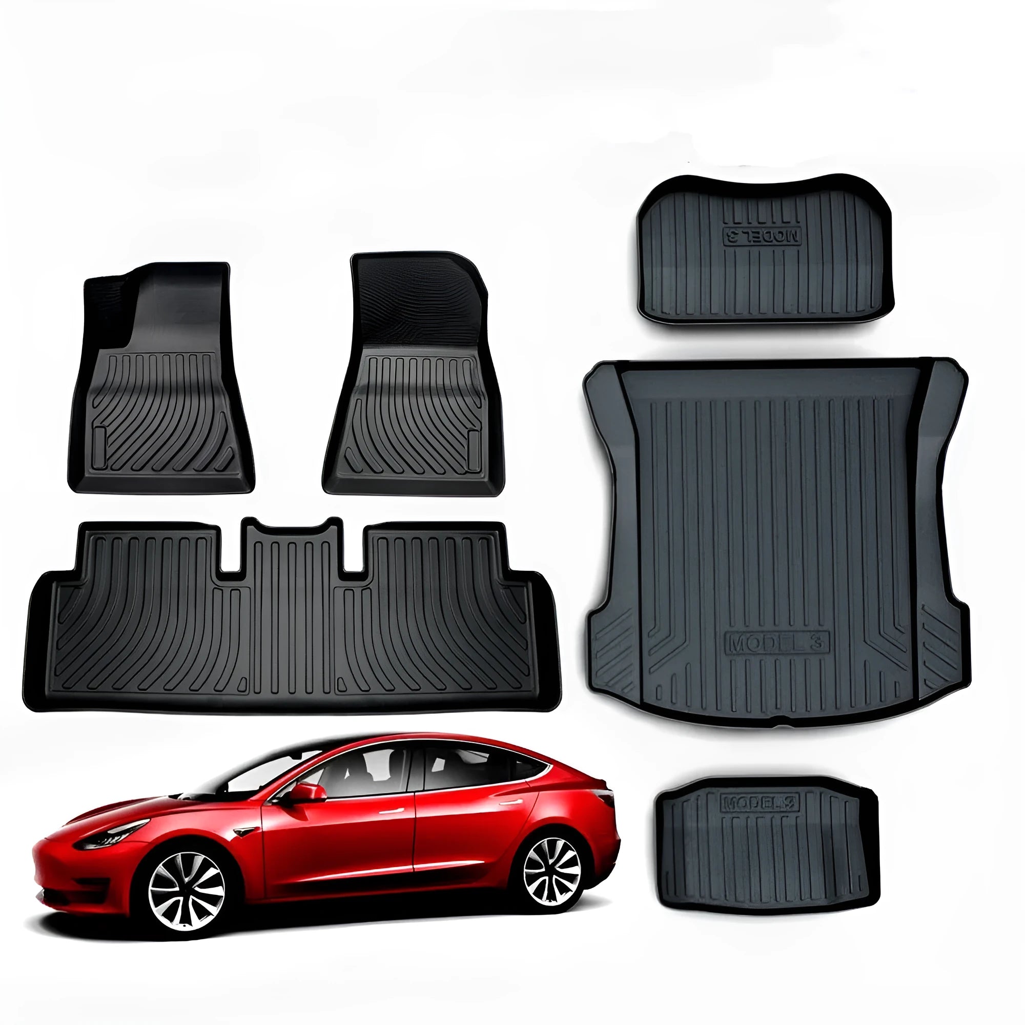 Black rubber floor mats with TPE footrest for Tesla Model 3, Y, X, and S vehicles