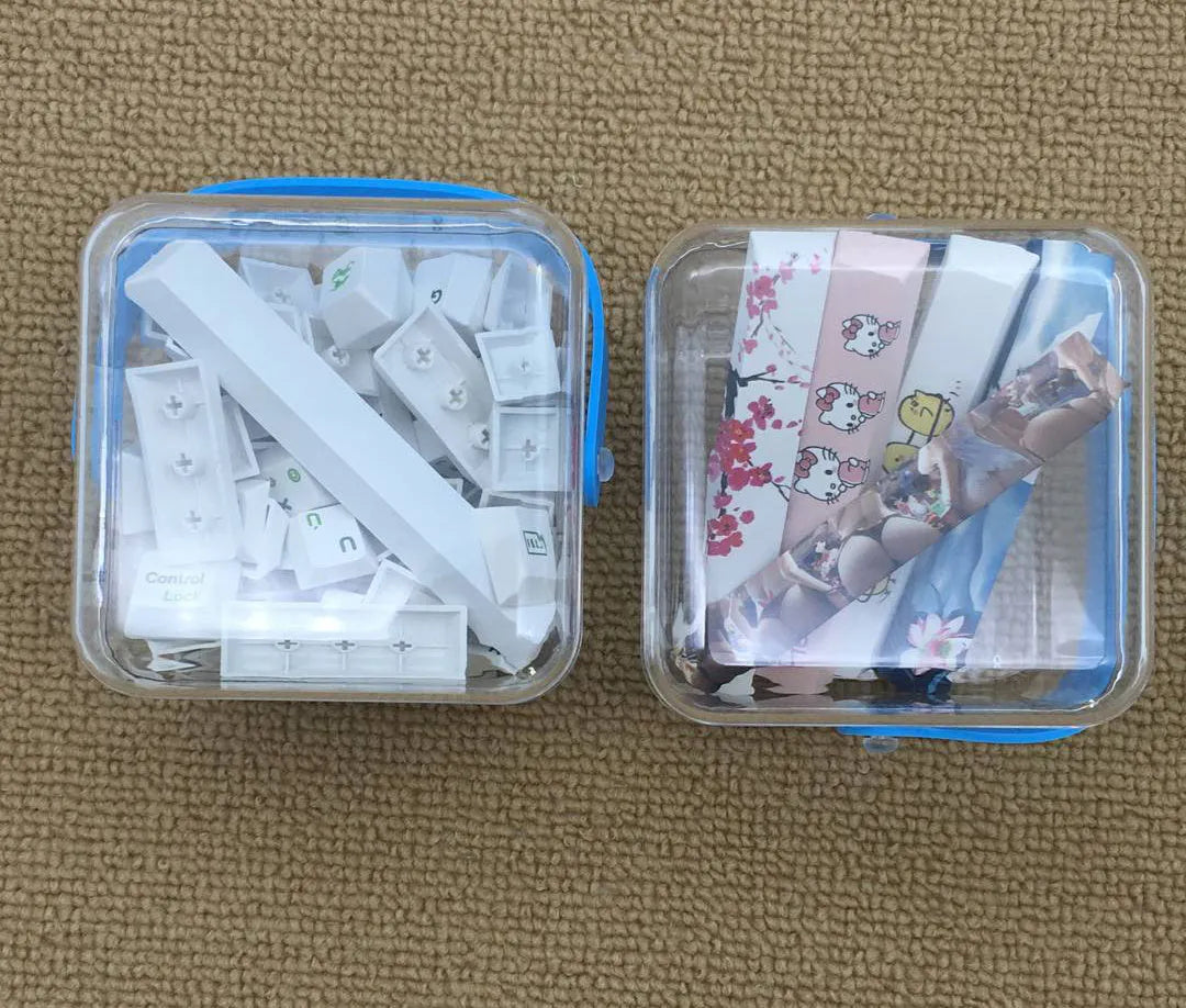 PBT thermal sublimation keycap set showing Japanese Russian Korean multilingual layouts with colour options