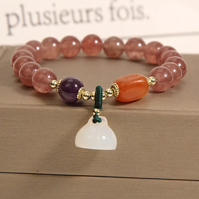 Women's multi-layer crystal bracelet in Korean style with garnet, pearl, quartz, jade and moonstone pendants.