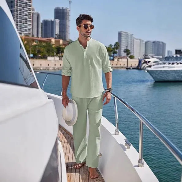 Men's solid colour casual cotton suit with long sleeve top and full-length trousers