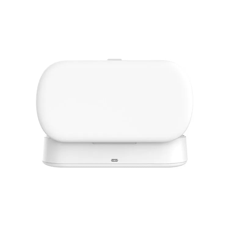 White ABS wireless UV steriliser and charging box with display showing dimensions and phone inside.