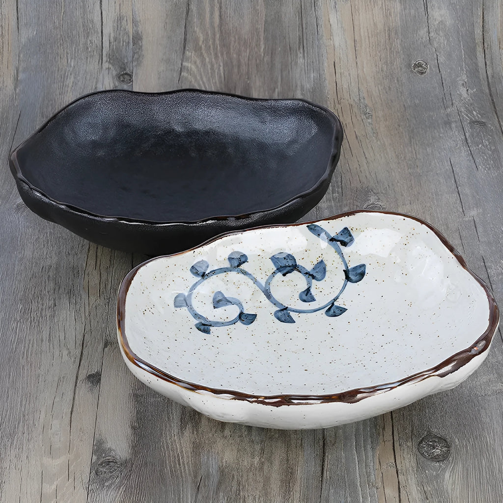 Japanese pottery irregular shaped bowl with floral decorations for sashimi and rice