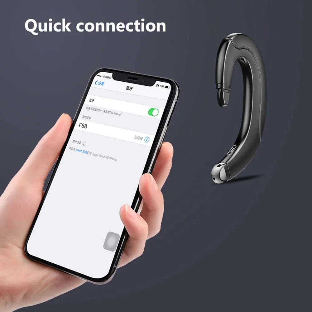 A single-ear, out-of-ear mounted Bluetooth headset for hands-free communication, shown in black, blue, or red.