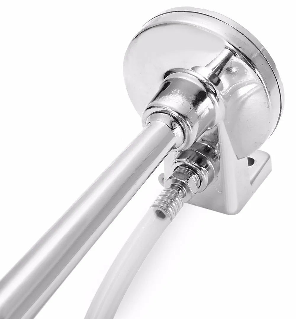 12V Loud Car Horn Single Trumpet No Air System Needed Suitable for Cars Trucks Boats Motorcycles 450mm Length 95mm Bell Chrome Finish Metal Plastic Silver 1.3kg 45x10x9.5cm 92dB 1% Distortion