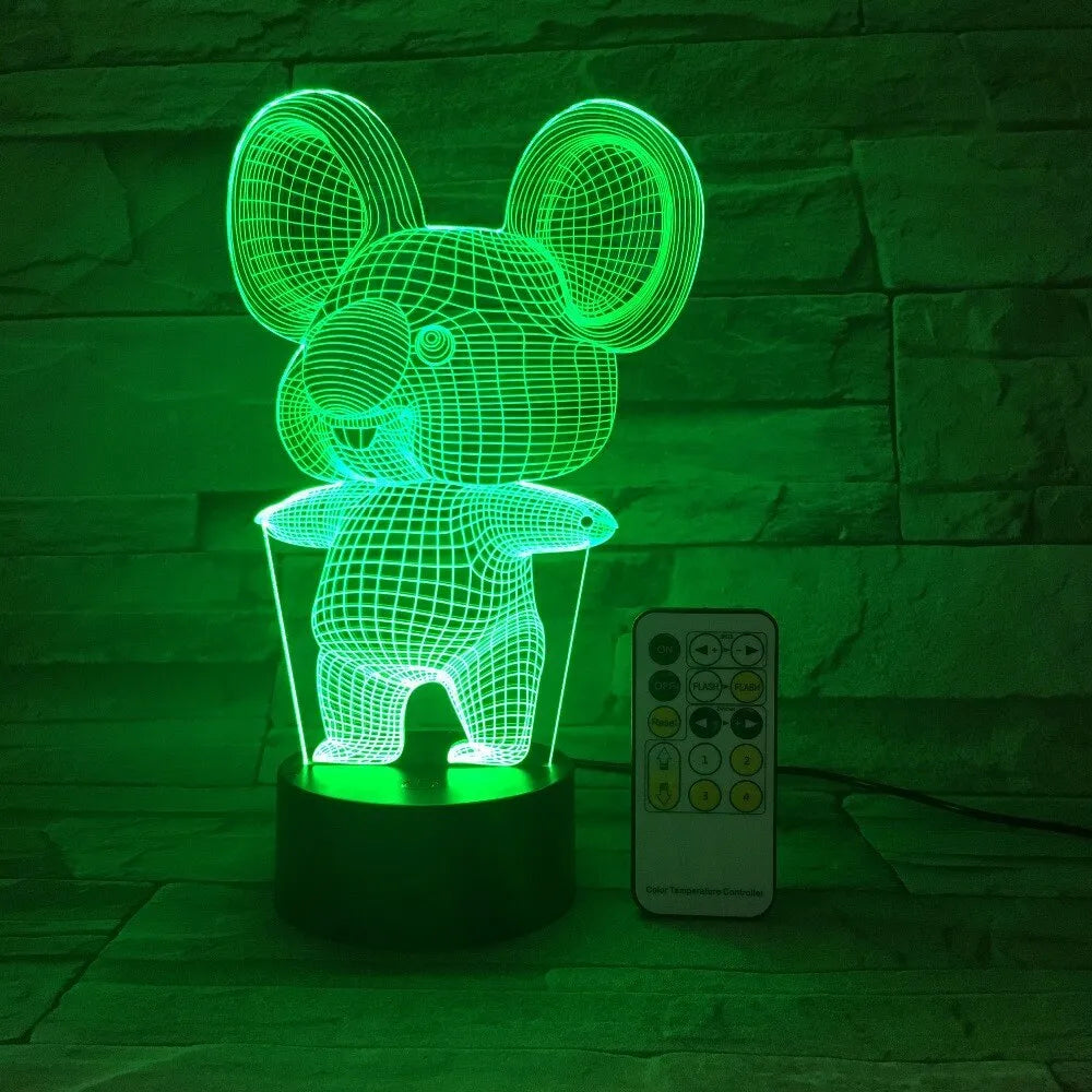 Koala-themed LED night light with touch or remote control, showing seven colour options on a compact base